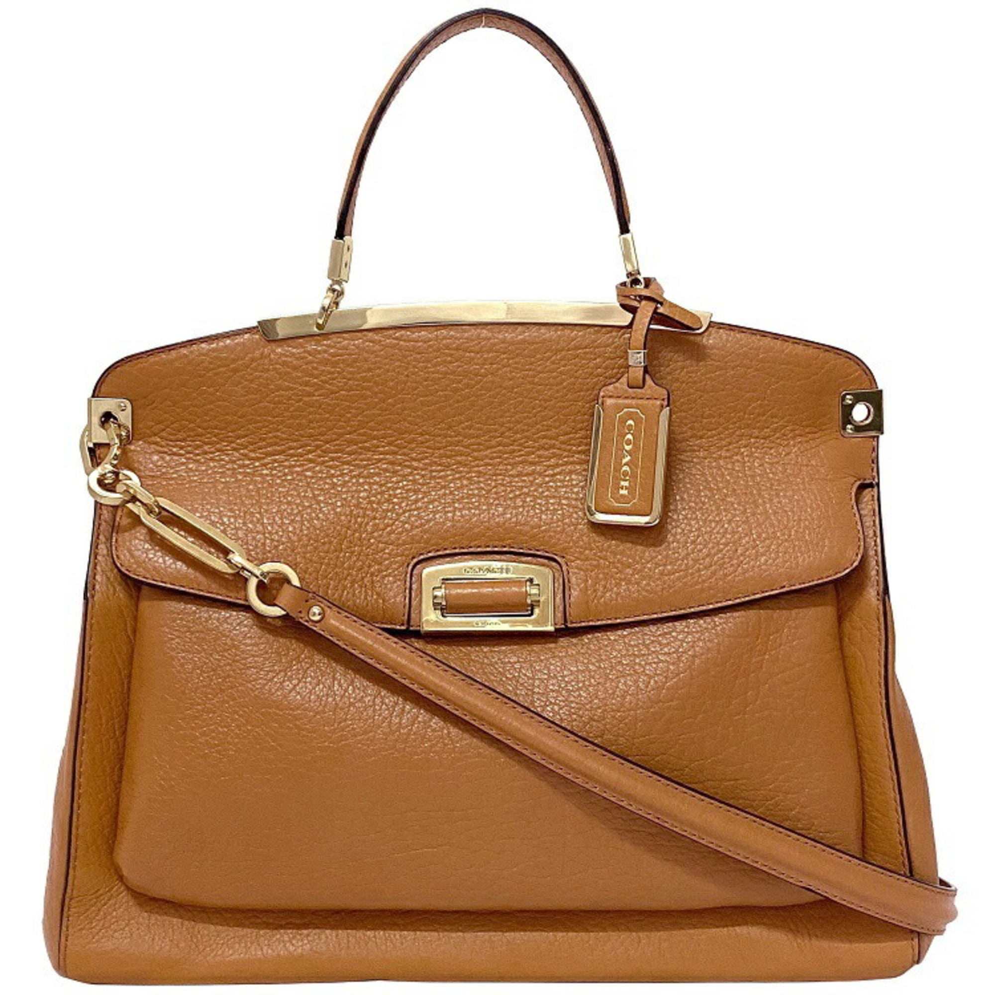 Coach 2way Bag Camel Brown Gold 30228 Leather Handbag Shoulder Flap Ladies